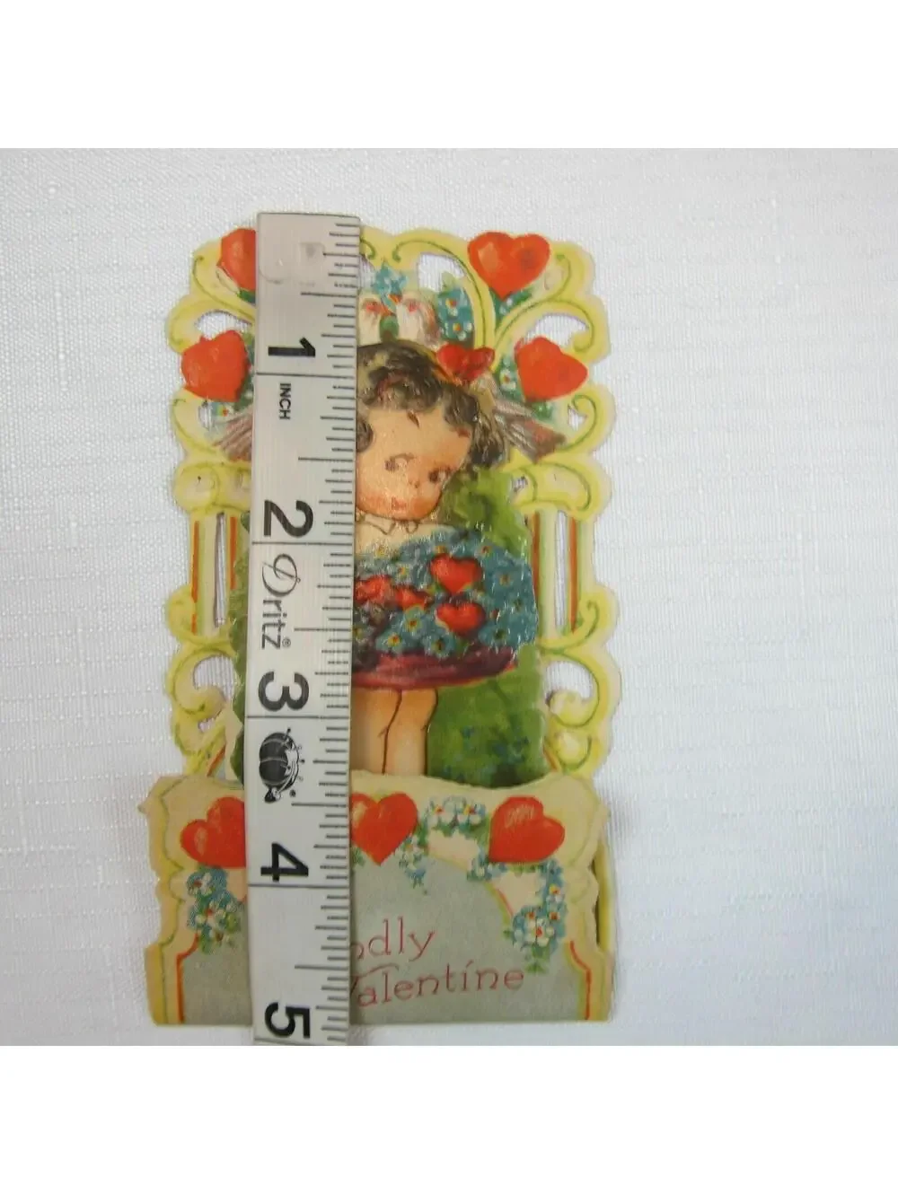 Vintage Valentine Pull Down Die Cut Girl Flower Basket Stand Up Germany 1920-30s